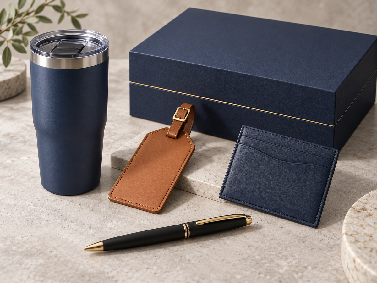 Navy executive gift kit with tumbler, luggage tag, card holder and pen